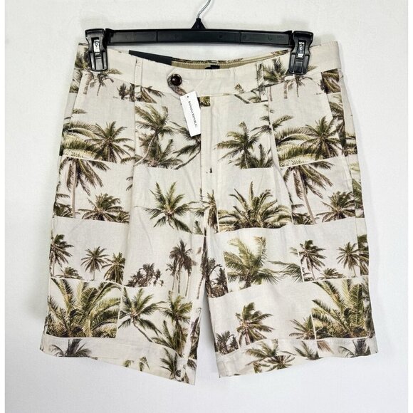 Banana Republic Linen Blend 9" Shorts Mens 31 Cream Green Palm Pleated Front NEW - Picture 2 of 11